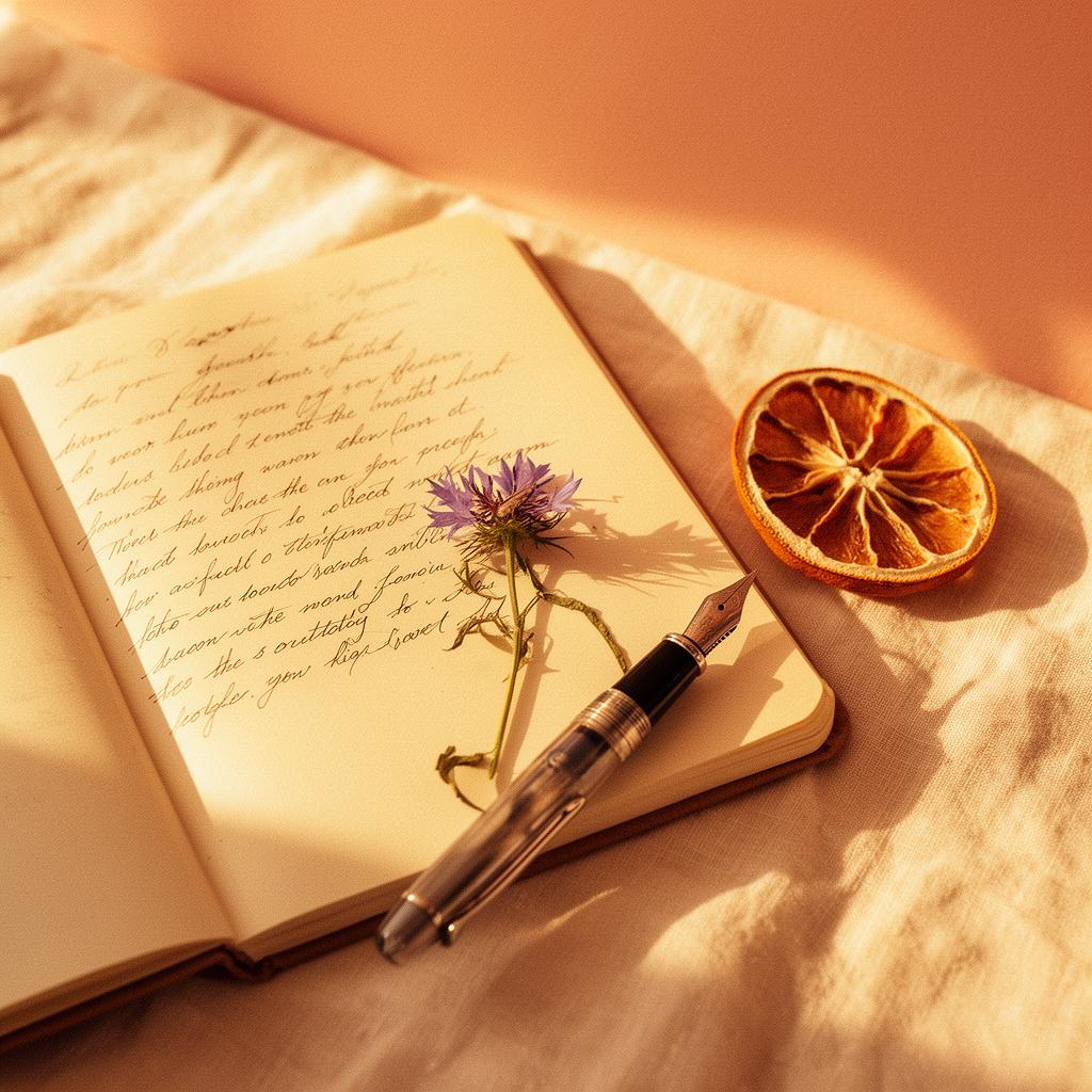 An open notebook with handwritten cursive, a fountain pen and dried citrus in warm morning sunlight